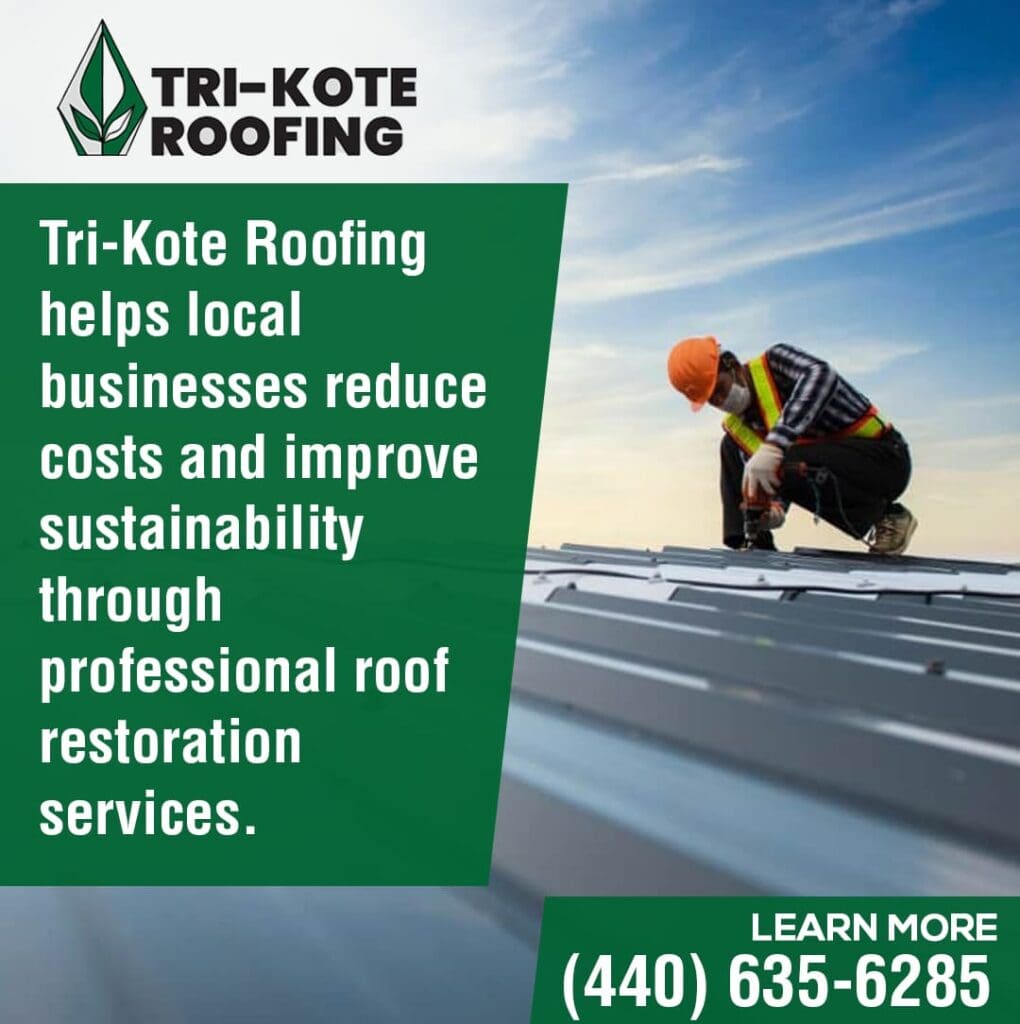 A roofer in an orange hard hat and safety harness is actively working on a metal commercial roof under a bright blue sky with white clouds. The roofer is using a tool to secure components to the roof.