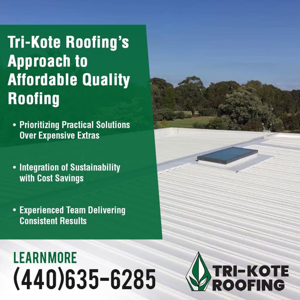 A white industrial roof with a skylight and trees in the background, beside a green text box detailing Tri-Kote Roofing's approach to affordable quality roofing and a contact number.