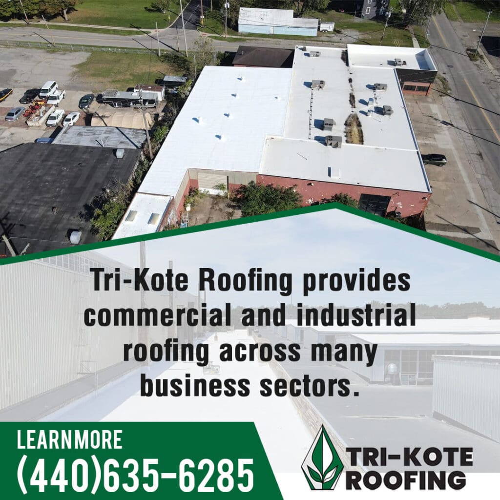 An aerial view of a large commercial building with a white roof surrounded by other structures, alongside a text box stating Tri-Kote Roofing's provision of commercial and industrial roofing, and a contact number.