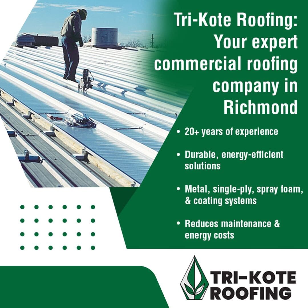 A worker on a large, reflective commercial roof with equipment, under a blue sky, showcasing Tri-Kote Roofing's services as an expert commercial roofing company.