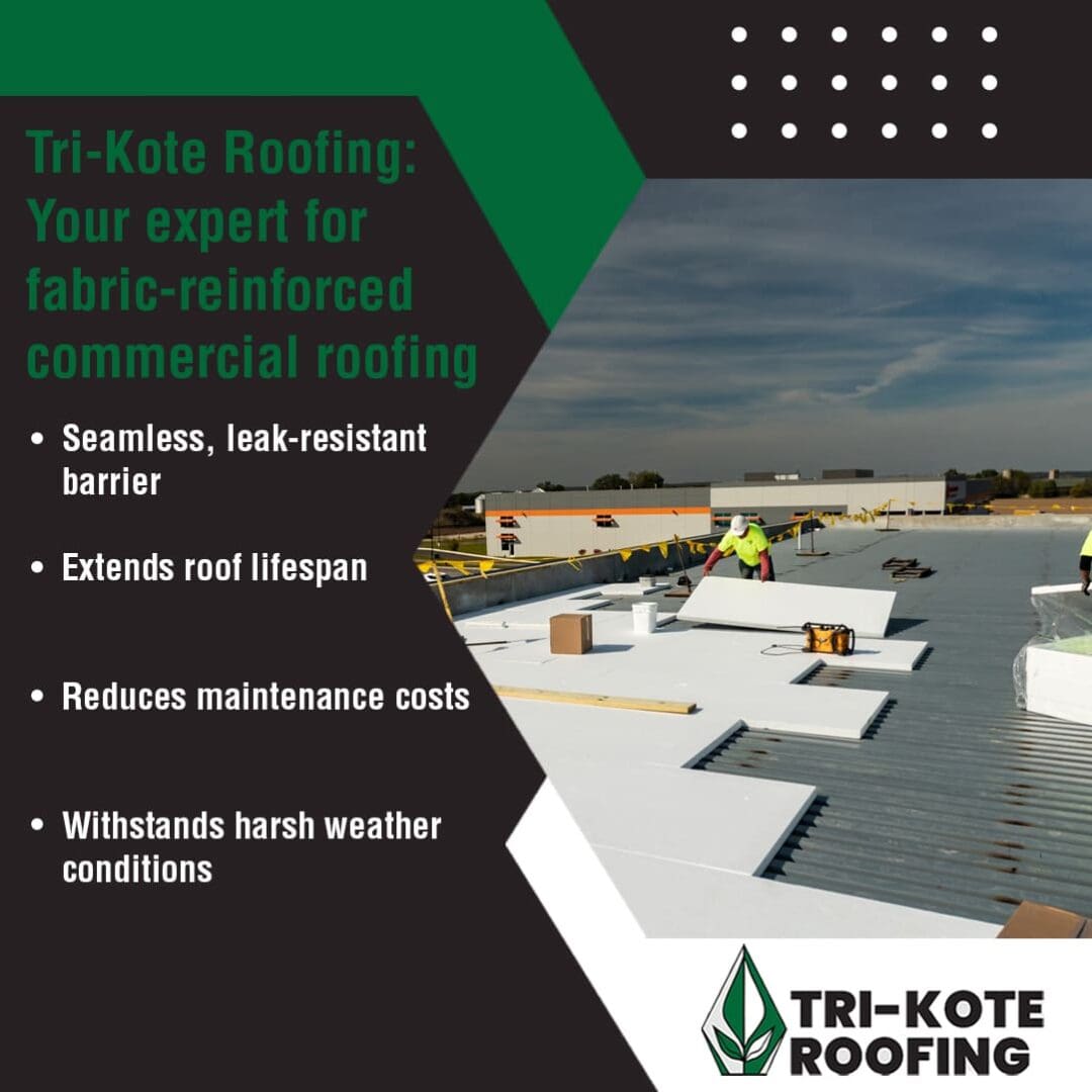 A construction worker installs white insulation panels on a commercial rooftop with a clear sky, promoting Tri-Kote Roofing's fabric-reinforced commercial roofing.