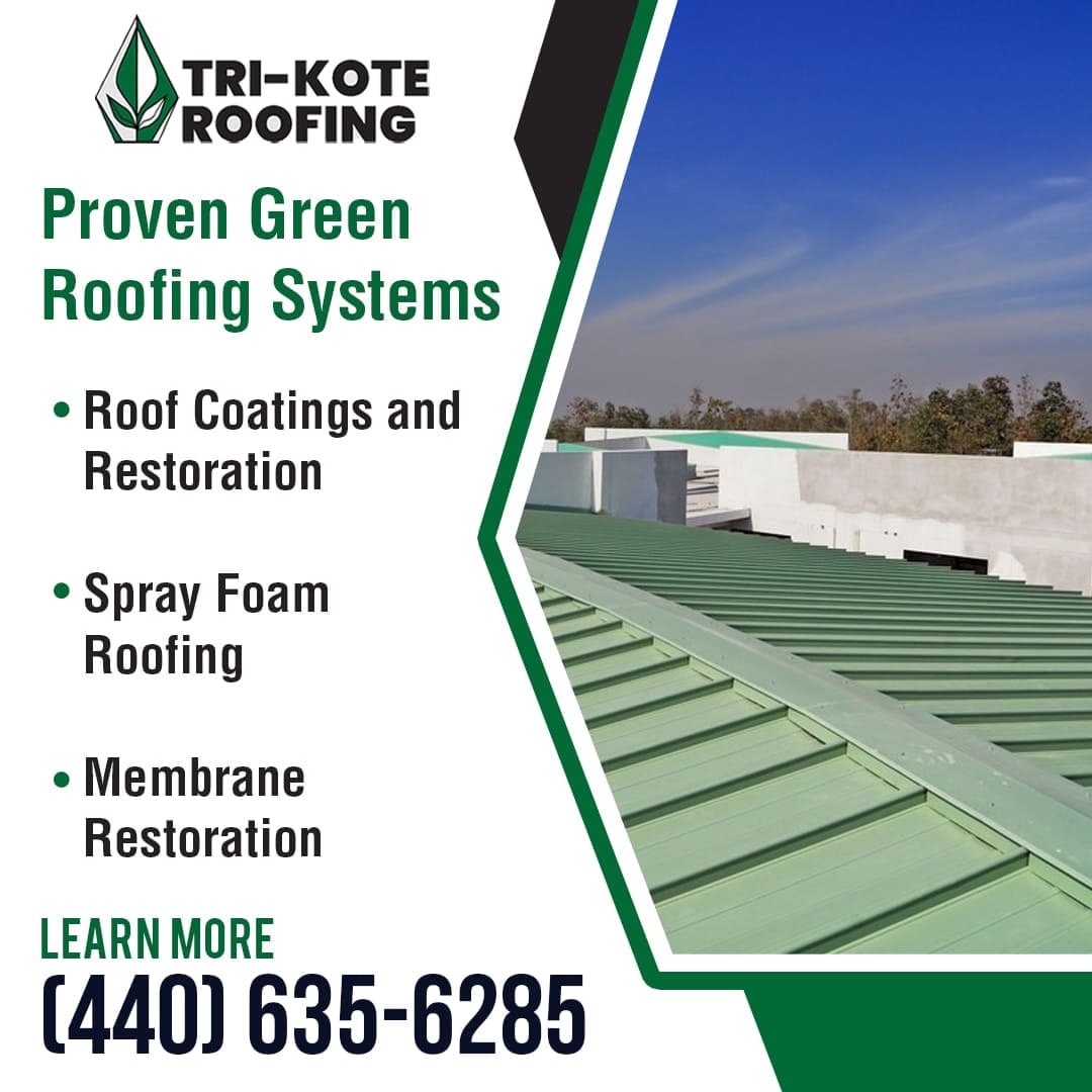 A view of a light green metal roof on a building, with a white structure and blue sky in the background.